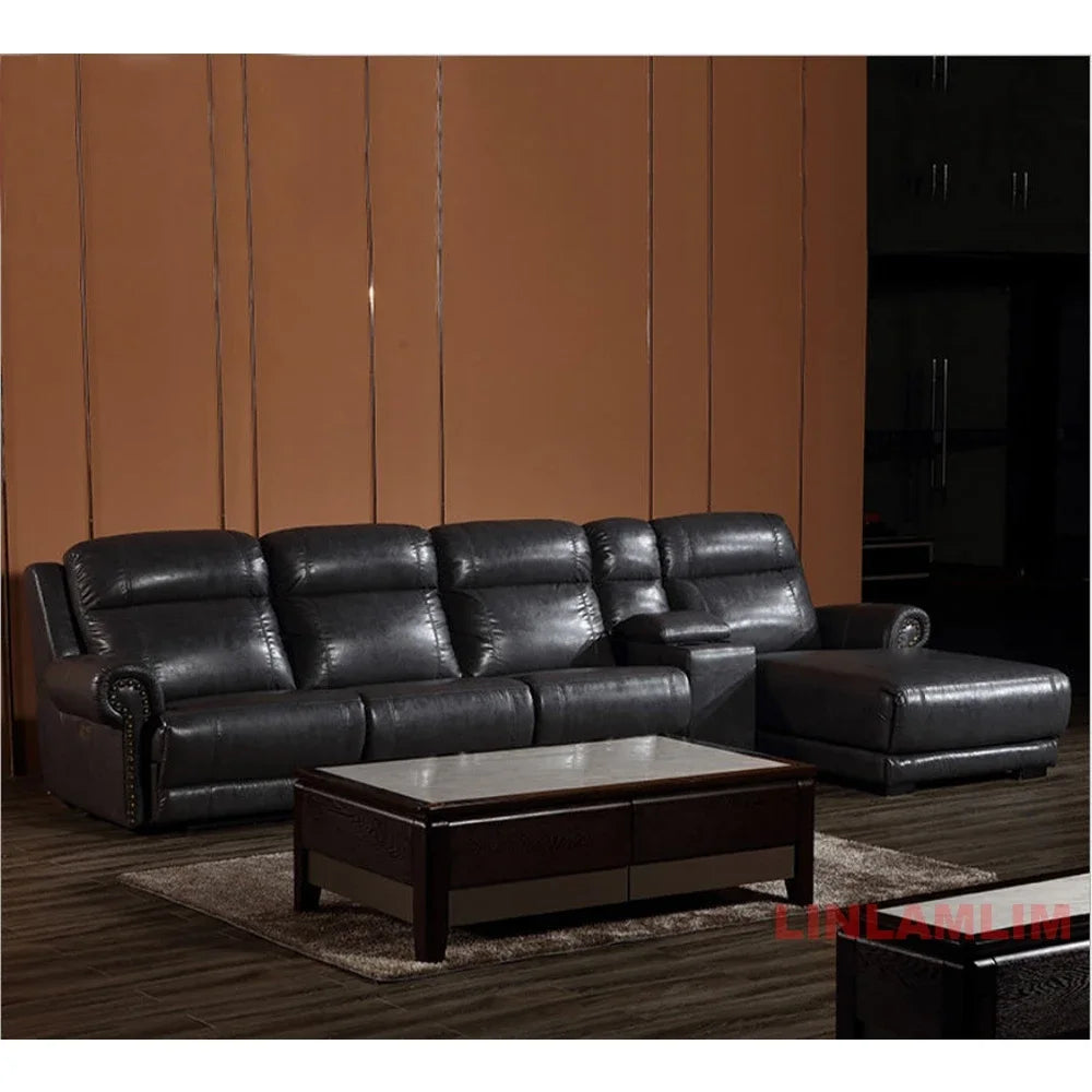 MINGDIBAO Luxury Genuine Leather Power Recliner Sofa Set, L Shape Electric Reclining Couch with Nailhead Trim, Home Theater Seat