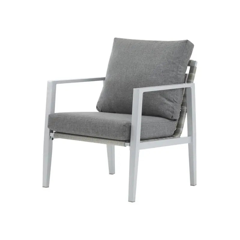 Set of 2 Silver Aluminum Lounge Chairs with Rope Accents and Cushions for Modern Indoor and Outdoor Spaces