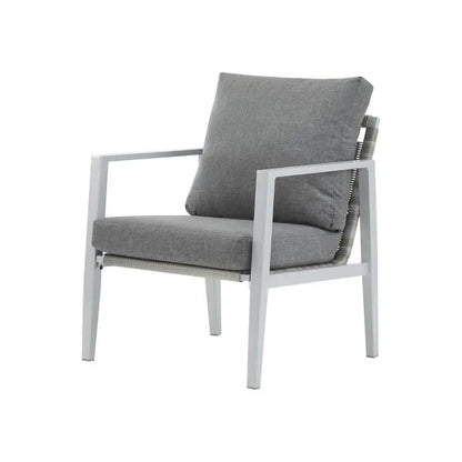 Set of 2 Silver Aluminum Lounge Chairs with Rope Accents and Cushions for Modern Indoor and Outdoor Spaces
