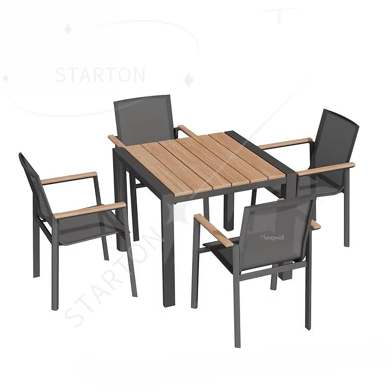 Wholesale Price Patio Outdoor Furniture Plastic Wood Dining Set Luxury Aluminum Frame Teak Wood Table and Chair for Restaurant