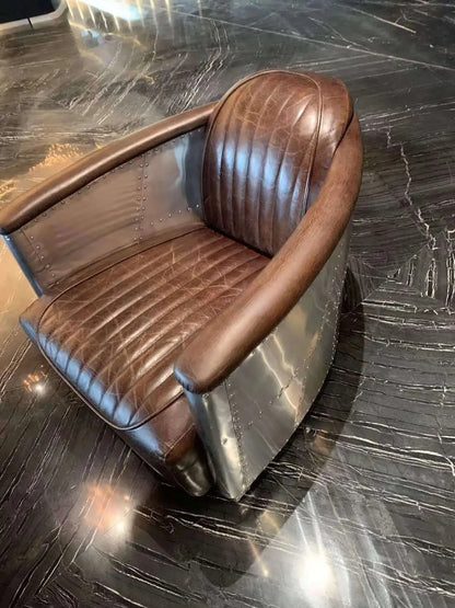 American Vintage Distressed Leather Armchair Hotel Sofa Accent Chair Aluminium Armrest Loft Aviation Chairs Aviation Furniture