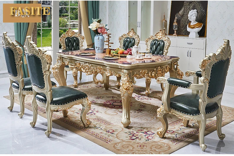 European marble dining table, American luxury, square table full wood carving flower 1.6 meters champagne gold dining t