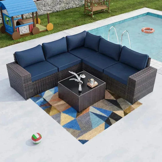 YND6-WQQkulavik 6PCs outdoor furniture set PE Wicker rattan sectional sofa patio conversation sets. navy blue