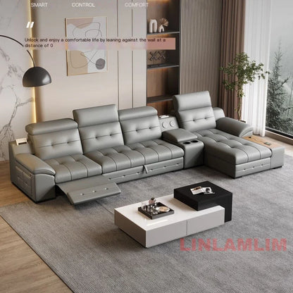 Electric Reclining Sectional Sofa Bed with Cup Holder & Adjustable Headrests – Italian Genuine Leather Convertible Sleeper Couch