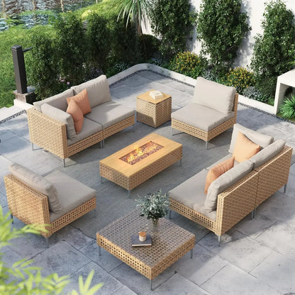 9-Piece Patio Furniture Set with 47" Fire Pit Table, Propane Fire Pit & Storage Box with Water Resistant Cushions Economically