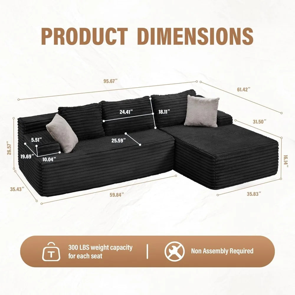 Modular Sectional Couch Sofa,96 Boneless Couches for Living Room, Memory Foam Sectional Couch with Oversized Chaise
