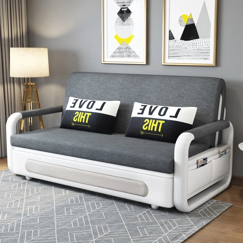 Modern Folding Sofa Bed with Fabric Upholstery Apartment Furniture Metal Frame Extendable for Living Room Dining Hotel Use