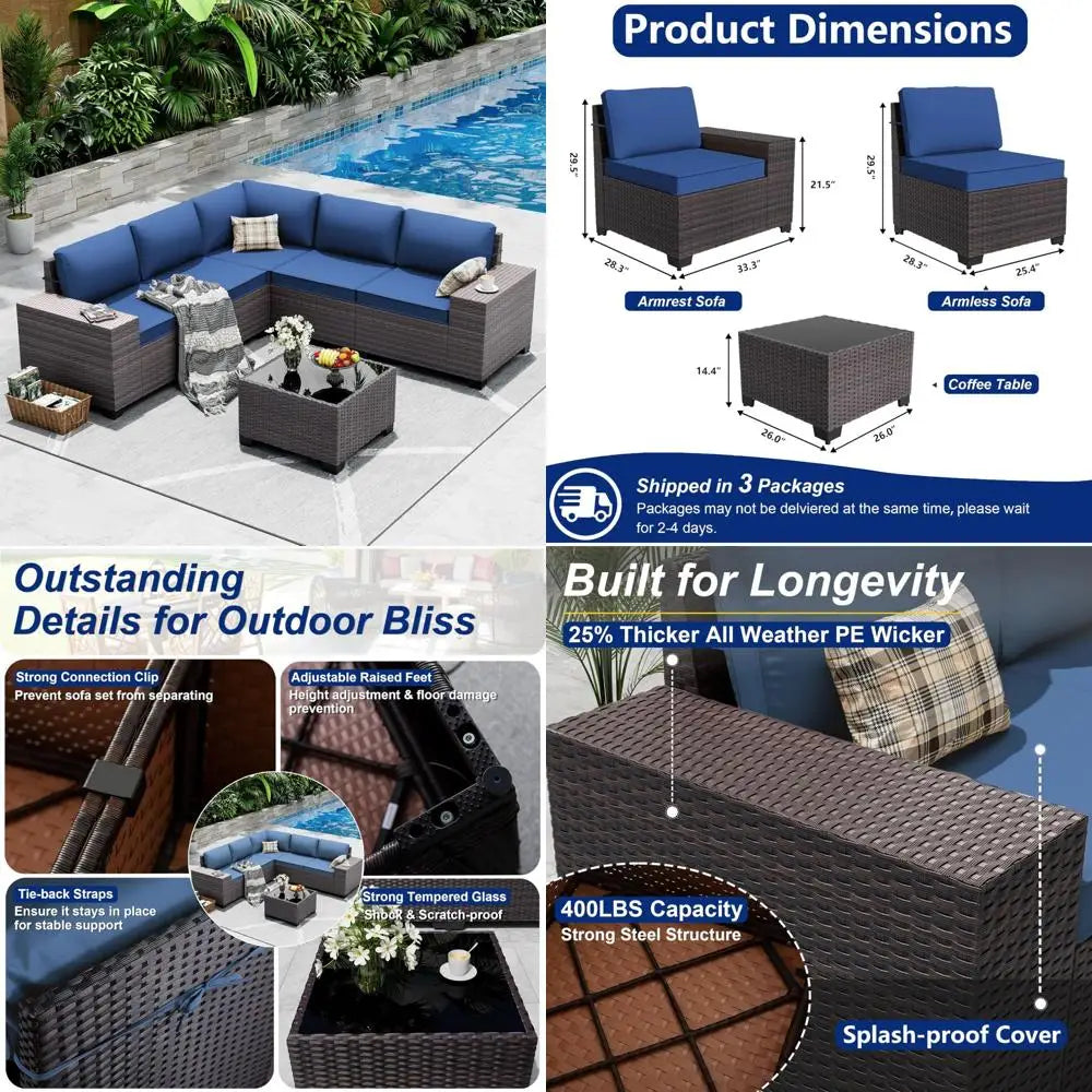 6-Piece Outdoor Sectional Set with High Backrest Sofa, Weather-Resistant PE Rattan Patio Conversation Area