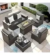 QAZ8-7 Piece Patio Furniture Set Fire Pit Table. Outdoor Conversation Sets Wicker Rattan Sectional Sofa with Coffee TSZ