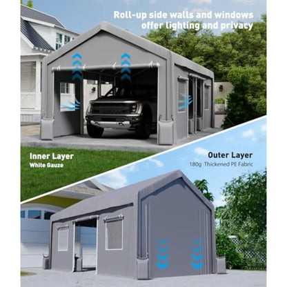 Carport replacement doors for portable garage shelters 180G PE material gray water-resistant zipper roll-up design for 13x2013x