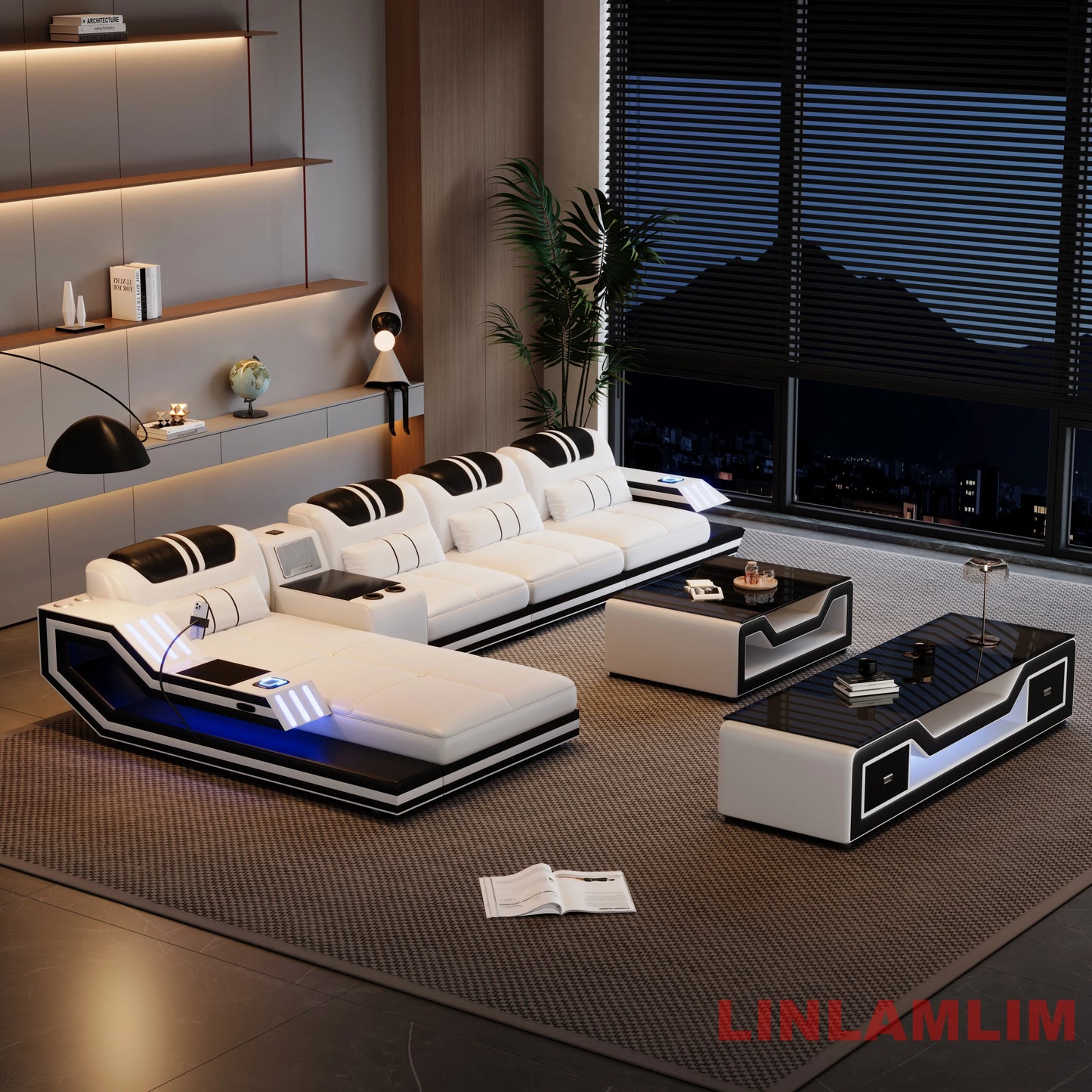 Convertible Genuine Leather Sectional Sofa Bed with Adjustable Headrests, Electric Recliners, Storage, Speakers, USB & LED Light