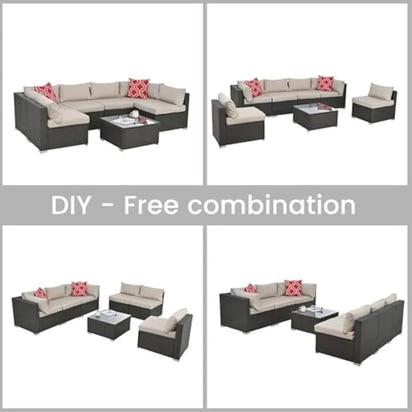 beige rattan wicker outdoor patio sectional set with coffee table and two pillows
