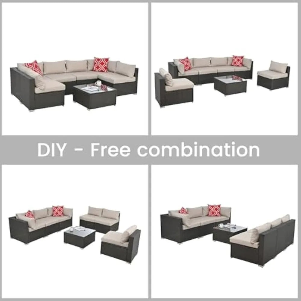 beige rattan wicker outdoor patio sectional set with coffee table and two pillows