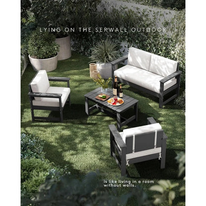 5 Pieces HDPE Outdoor Sofa Set with Cushions, All Weather Use Patio Conversation Couch Loveseat Furniture with Coffee Table for