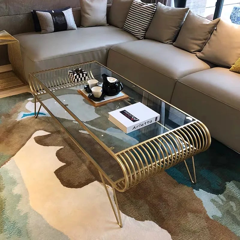 Modern Nordic Living Room Wrought Iron Rectangular Coffee Table Glass Coffee Table Set