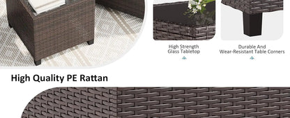 3 Pieces Patio Furniture Set 3 Pieces PE Rattan Wicker Chairs with Table Outdoor Furniture Brown Rattan with White Cushion