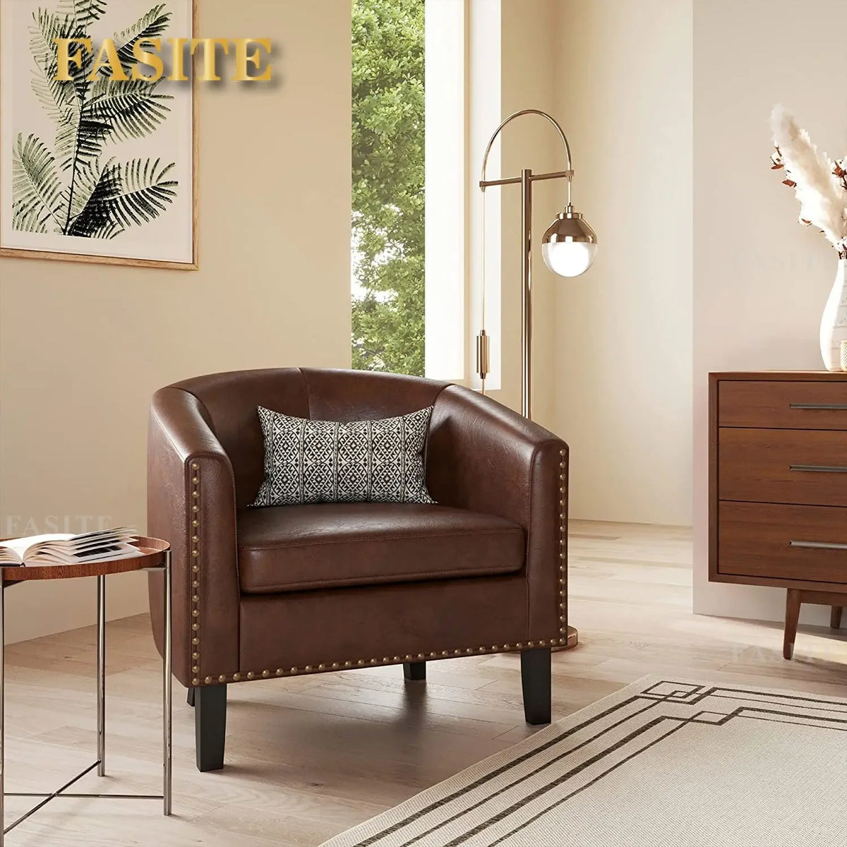 Modern Tub Club Chair Upholstered Armchair for Living Room Faux Leather Chair with Gold Nail Head Trim Black Legs