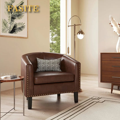 Modern Tub Club Chair Upholstered Armchair for Living Room Faux Leather Chair with Gold Nail Head Trim Black Legs