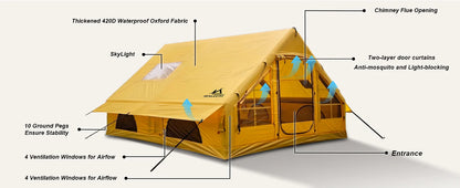 129 Sq Ft Inflatable Camping Tent Easy Setup Waterproof Oxford Air Tent House with Pump 4 Season Family Glamping Tent