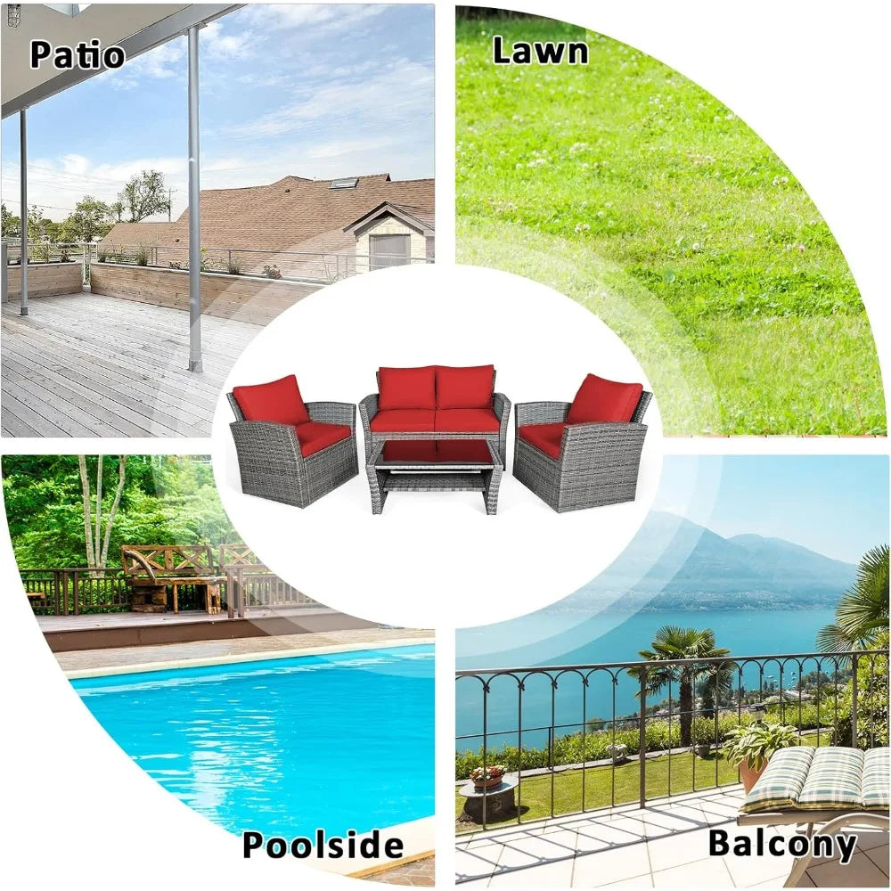 4 Pieces Patio Rattan Furniture Set, Outdoor Wicker Sofa Set with Tempered Glass Coffee Table, Cushions, All Weather Rattan Con