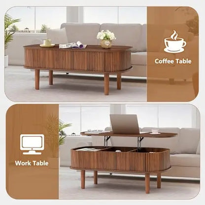 Fluted Lift Top Coffee Table, Hidden Compartment, Modern Oval Wooden Table, Walnut