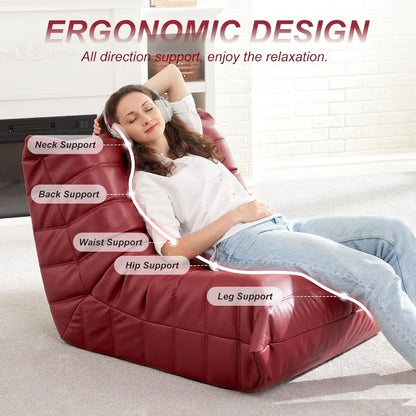 Memory Foam Beanbag Chair Single, Faux Leather for Living Room Wine Red