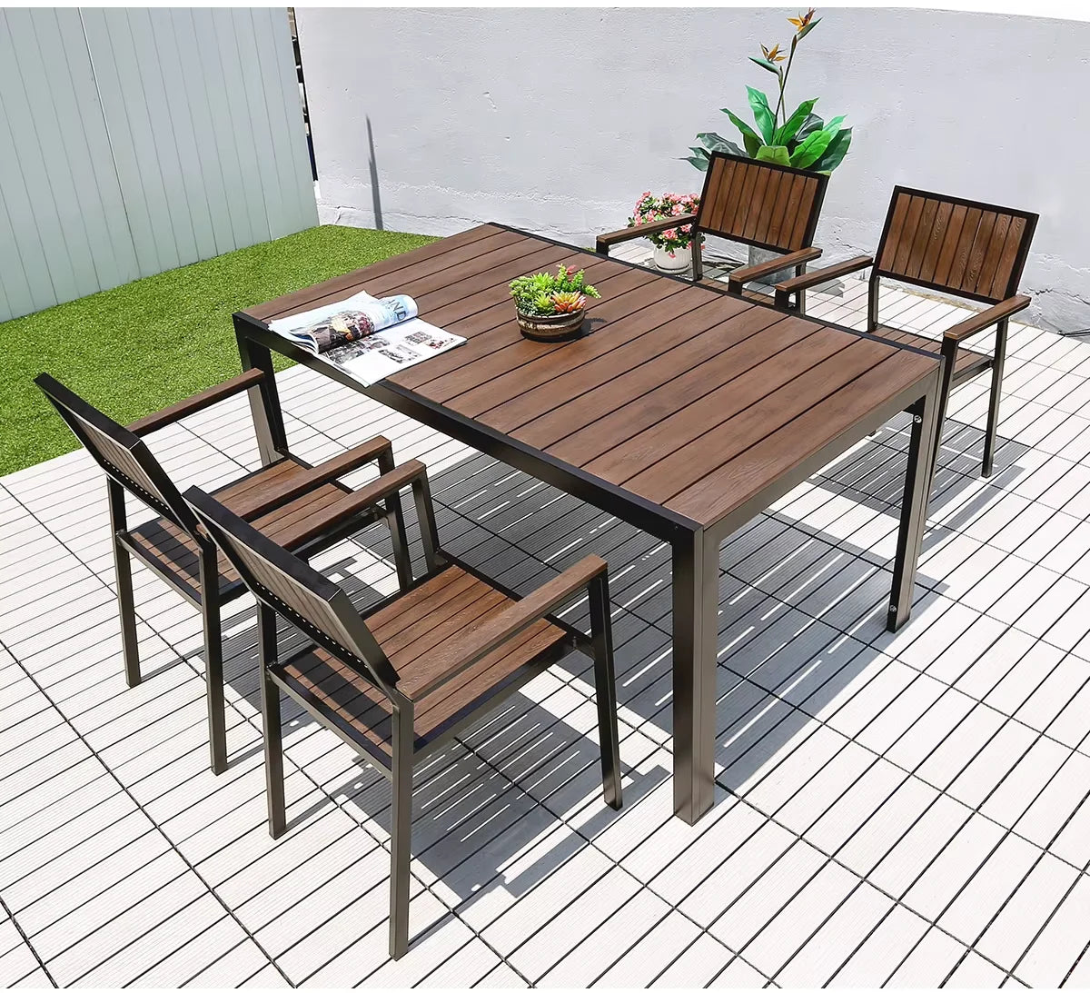Metal Backyard Table Outdoor Table Garden Table Large 150cm Patio Table Wood-plastic Waterproof Table Room Kitchen Hotel Terrace
