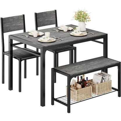 Kitchen Table and 2 Chairs for 4 with Bench, 4 Piece Dining Sets for Small Space, Dark Grey