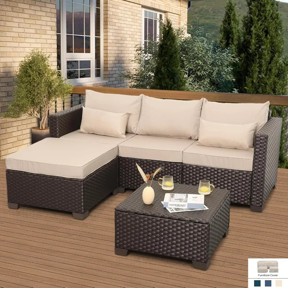 3-Piece Outdoor Sectional Sofa Set with Wicker Couch, Ottoman, and Coffee Table - All-Weather, Weather-Resistant Storage Include