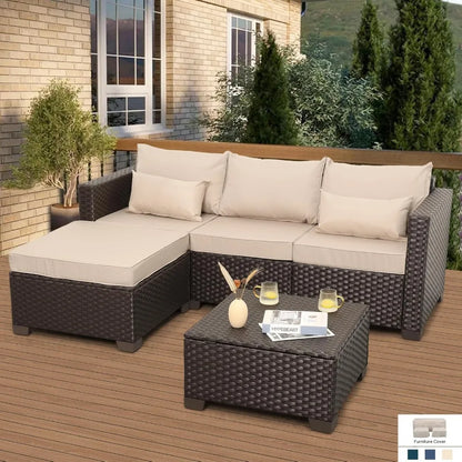 3-Piece Outdoor Sectional Sofa Set with Wicker Couch, Ottoman, and Coffee Table - All-Weather, Weather-Resistant Storage Include