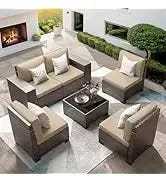 QAZ8-7 Piece Patio Furniture Set Fire Pit Table. Outdoor Conversation Sets Wicker Rattan Sectional Sofa with Coffee TSZ