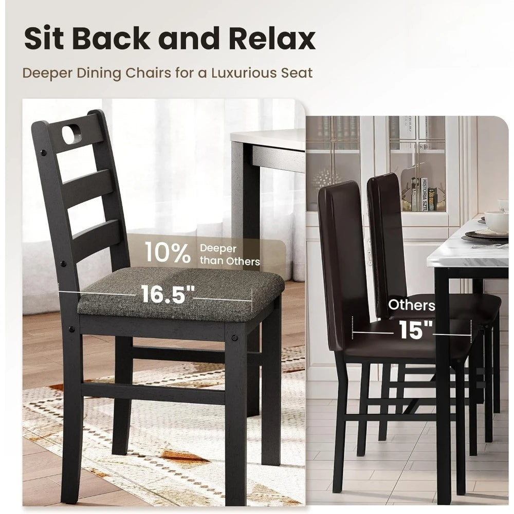 Modern Farmhouse Dining Table Set for 4 with Venatino White Marble Top and Black Cushioned Chairs Kitchen Dinette Table