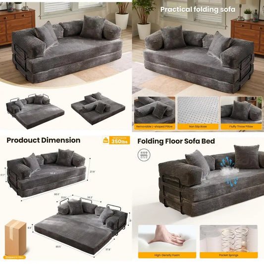 Convertible Sleeper Sofa with Foldable Mattress, Cloud Comfort Couch, Modular Floor Sofa Lounge Couch, Fixed-Shape Frame, Foldab