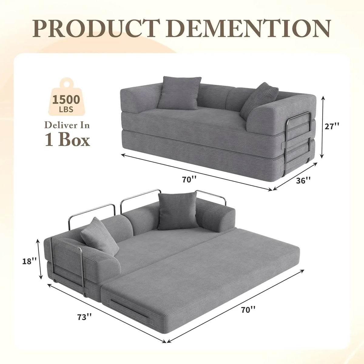 5-in-1 Convertible Sofa Bed Pull-Out Sleeper 70in High-Density Sponge Corduroy Futon Living Room Gray Customized
