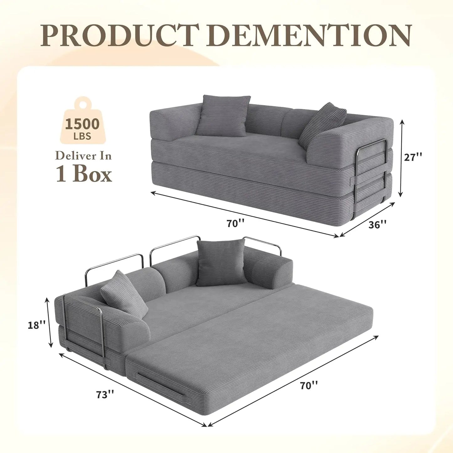5-in-1 Convertible Sofa Bed Pull-Out Sleeper 70in High-Density Sponge Corduroy Futon Living Room Gray Customized