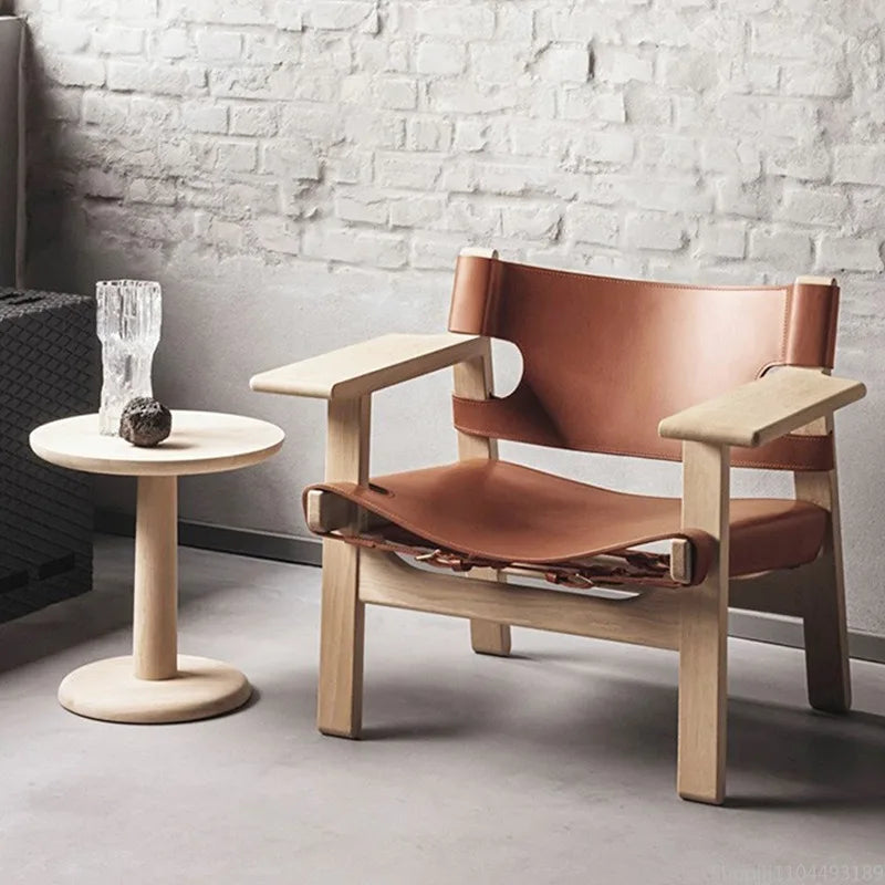Nordic Solid Wood Living Room Chair Spanish Designer Saddle Leather Hunting Chair Living Room Furniture Balcony Leisure Chairs