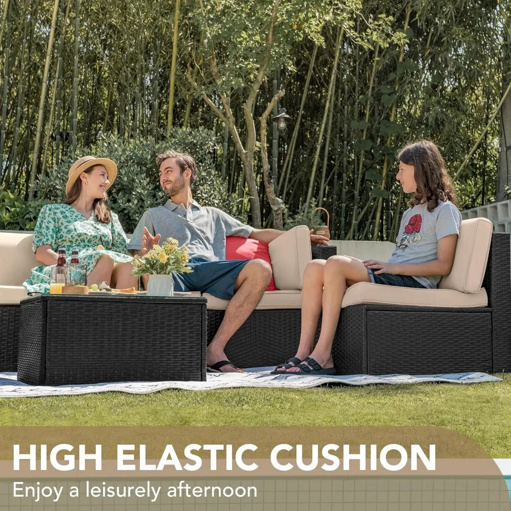 7 Pieces Outdoor Sectional Sofa Patio Furniture Sets Manual Weaving Rattan Patio Conversation Sets with Cushion and Glas