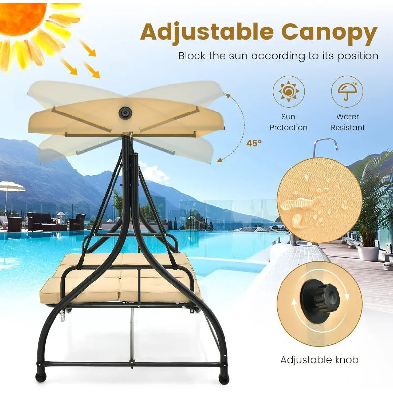 3 Person Porch Swing, 2-in-1 Convertible Patio Swing Bed with Removable Cushions, Solid Steel Structure, Outdoor Swing