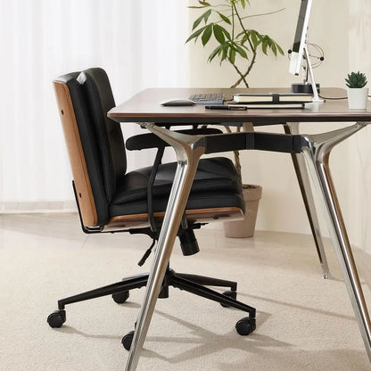 Office Desk Chair with Armrests amp Wheels, Modern Walnut Swivel Rolling Executive Task Chair, PU Leather Vanity Chair with Lumb