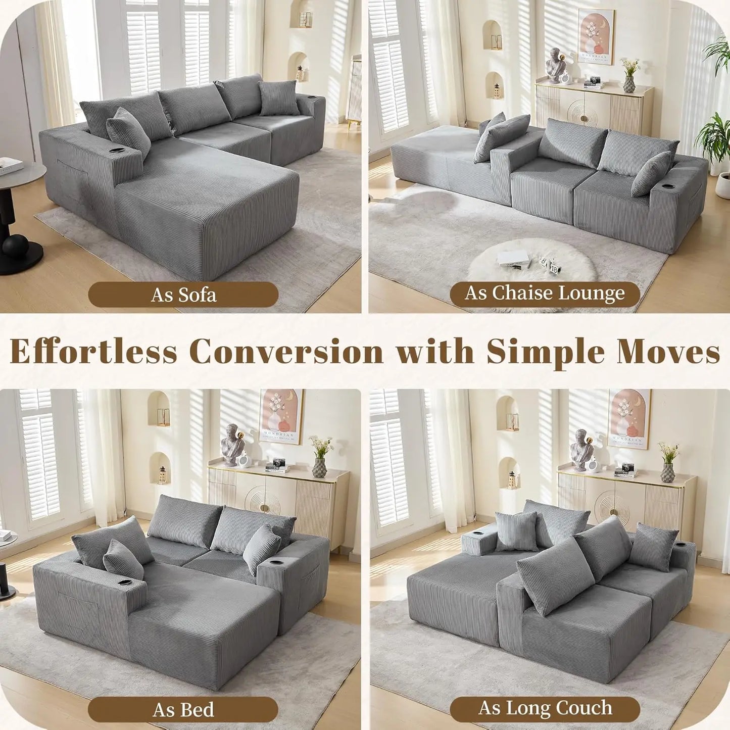 107" Cloud Sectional Couch, Modular Sectional Sofa with L-Shape Chaise, Corduroy Boneless Couch with Deep Seat, Upholstered Sofa