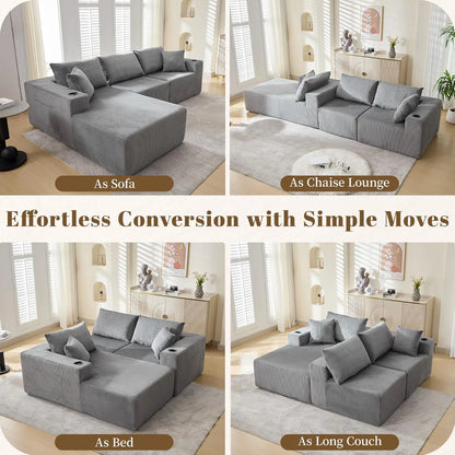 107" Cloud Sectional Couch, Modular Sectional Sofa with L-Shape Chaise, Corduroy Boneless Couch with Deep Seat, Upholstered Sofa