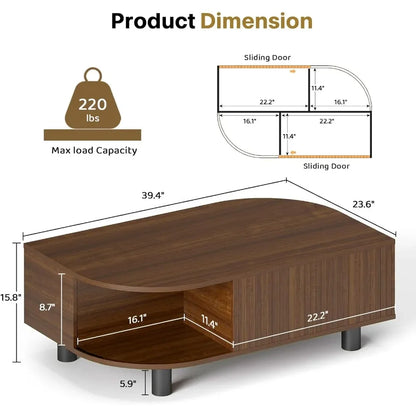 39" Mid-Century Leaf Coffee Table, Wood Storage Center w/ Fluted Sliding Door