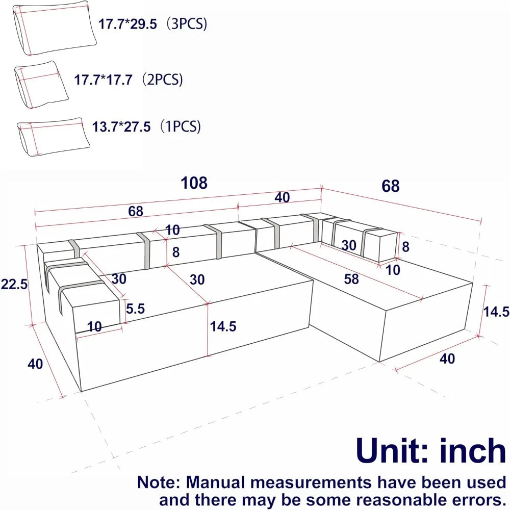 108'' L-Shaped Modular Sectional Sofa, Upholstered Chenille Cloud Couch with 6 Pillows, Cozy Deep Seat Couch for Living Room