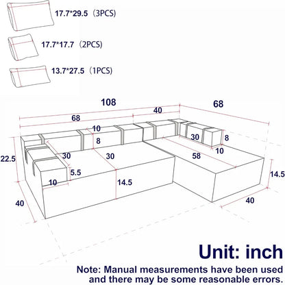 108'' L-Shaped Modular Sectional Sofa, Upholstered Chenille Cloud Couch with 6 Pillows, Cozy Deep Seat Couch for Living Room