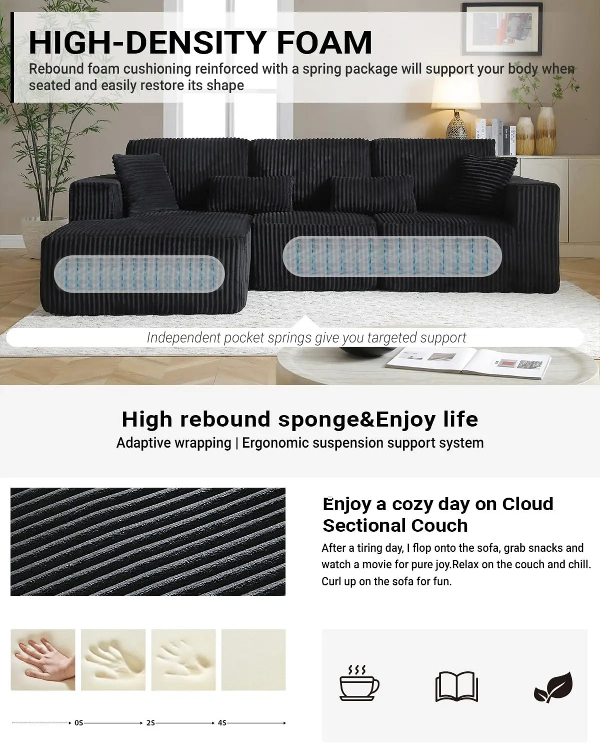 110" Cloud Sectional Couch, Modular Sectional Sofa with Deep Seat, Corduroy Upholstered Boneless Couch for Living Room Bedroom,