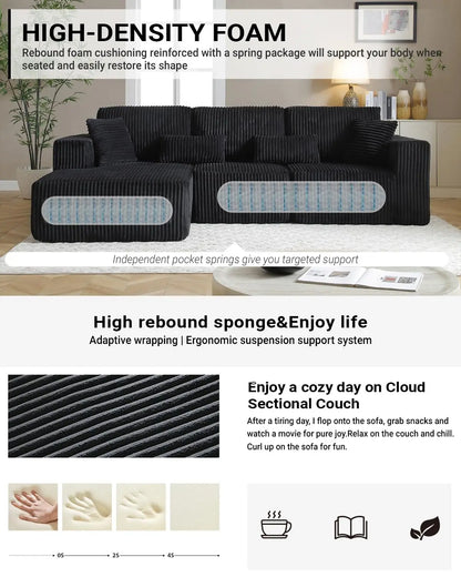 110" Cloud Sectional Couch, Modular Sectional Sofa with Deep Seat, Corduroy Upholstered Boneless Couch for Living Room Bedroom,