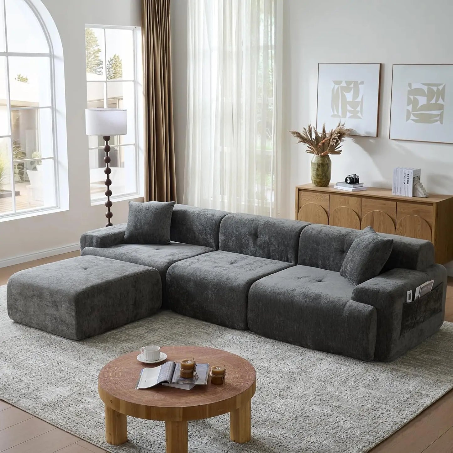 118" Modern L-Shaped Boneless Couch Modular Sectional Sofa for Living Room, Chenille Upholstery Beige, Oversized 3-Seater Sectio