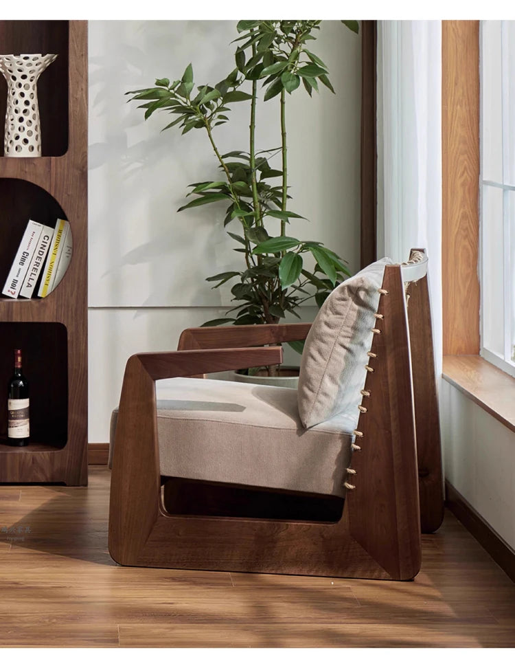 Medieval Style Solid Wood Rope Leisure Chair Retro Single Sofa Chair Wabi-sabi High-end Home Cafe Rattan Single Chair