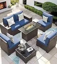 QAZ8-7 Piece Patio Furniture Set Fire Pit Table. Outdoor Conversation Sets Wicker Rattan Sectional Sofa with Coffee TSZ