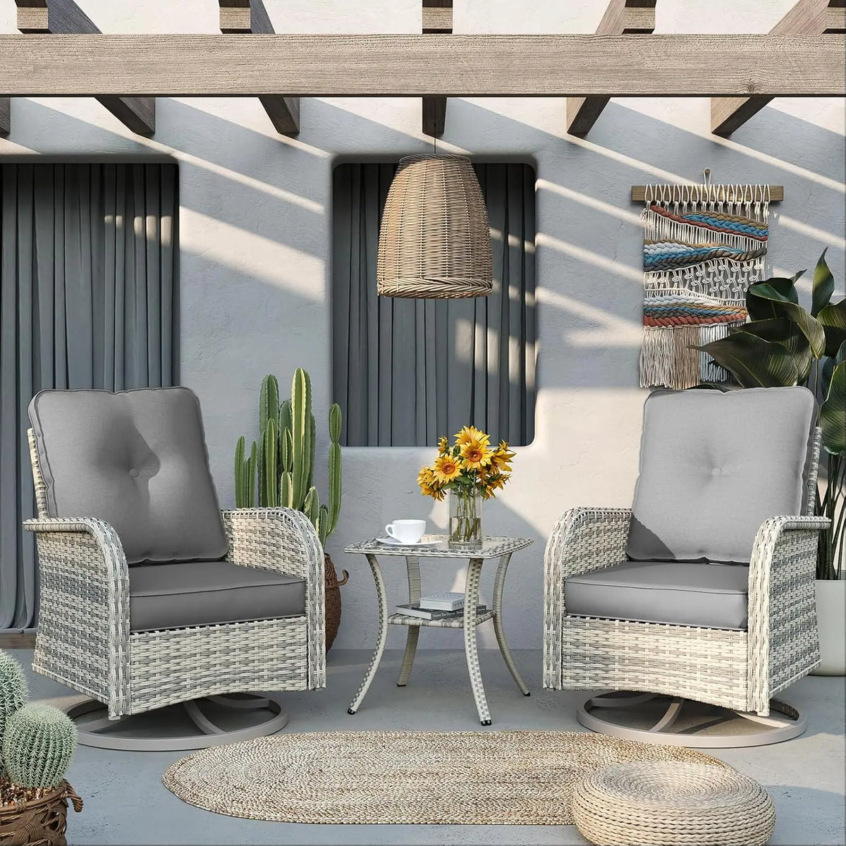 Outdoor Wicker Swivel Rocking Chair Patio Furniture Set with Tempered Glass Table for Garden Bistro
